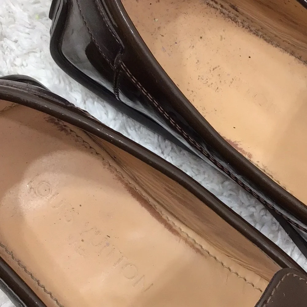 Louis Vuitton Dark Brown patent leather moccasin Loafers with Gold Buckles 37